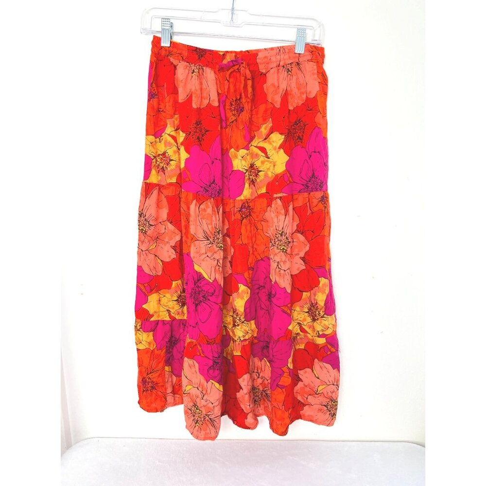 Violet SKies Large Boho Tiered Skirt Summer Floral Poppies Drawstring Rayon oran